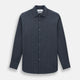The Turnbull & Asser Navy Melange Wide Stripe Westminster Shirt features a classic collar, buttoned cuffs, and a tailored fit, showcasing British craftsmanship. Laid flat on a white background.