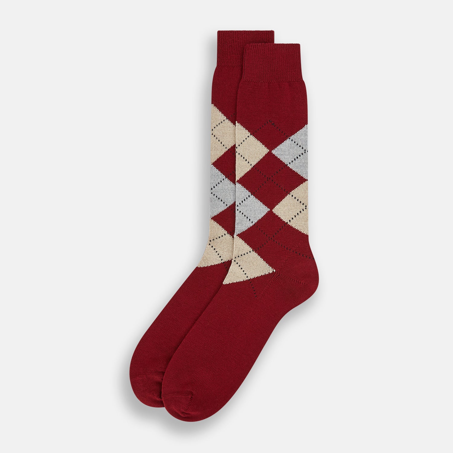 Image 2 of product The Turnbull & Asser Burgundy Wool Check Mid-Length Sock features a dark red base with beige, white, and light brown argyle diamonds on the calf, shown against a plain white background.