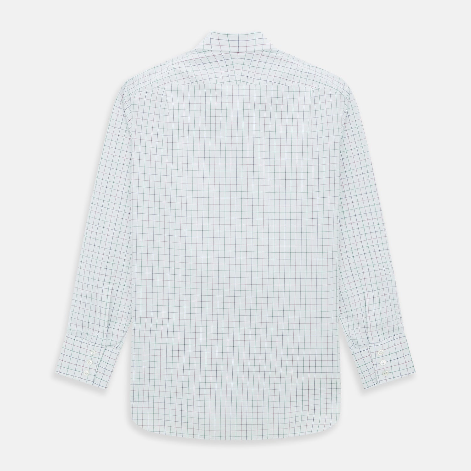 Image 5 of product The Turnbull & Asser Pink Grid Check Mayfair Shirt is a long-sleeve, button-down shirt with a T&A collar, crafted from organic cotton and featuring a pink checkered grid pattern on white with buttoned cuffs.