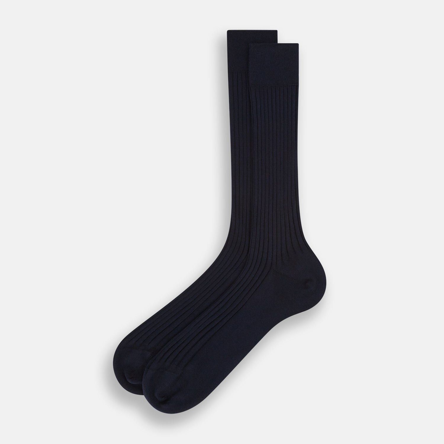 Image 2 of product A single navy mid-length sock by Turnbull & Asser, crafted from organic cotton with a ribbed texture, stands upright on a white background.