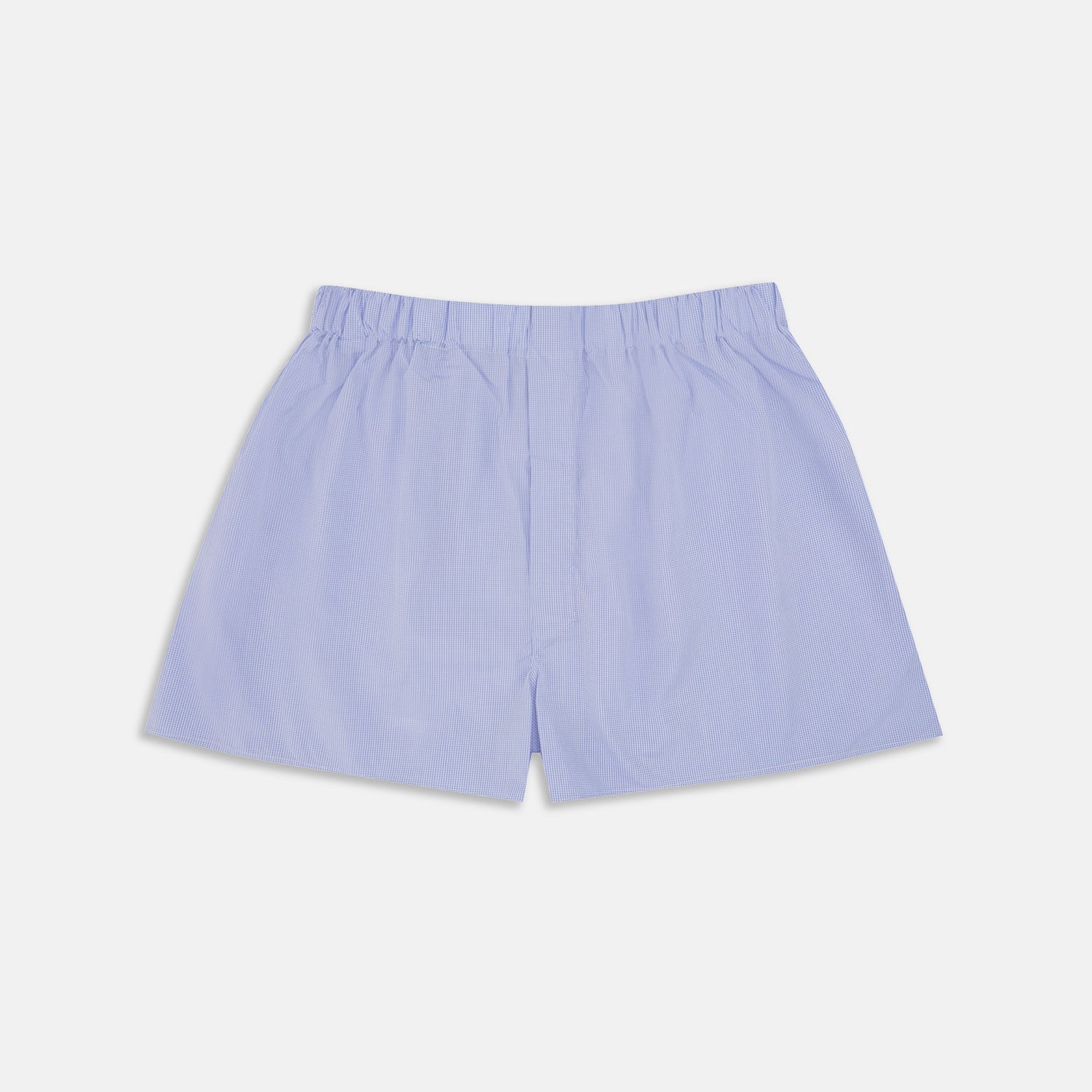 Image 1 of product Turnbull & Asser Blue Fine Check Cotton Sea Island Quality Boxer Shorts for men, featuring an elastic waistband and shown laid flat on a plain white background.