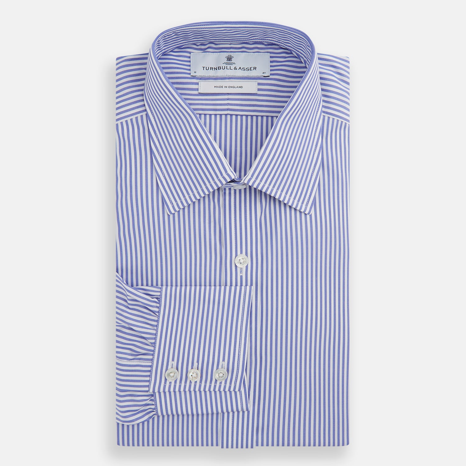 Image 5 of product The Turnbull & Asser Blue Bengal Stripe Shirt with T&A collar and 3-button cuffs is shown laid flat on a white background.
