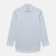 The Turnbull & Asser Navy and Blue Multi Check Mayfair Shirt features a T&A collar, button cuffs, and a blue checkered pattern. This long-sleeve, button-up shirt is shown on a white background.