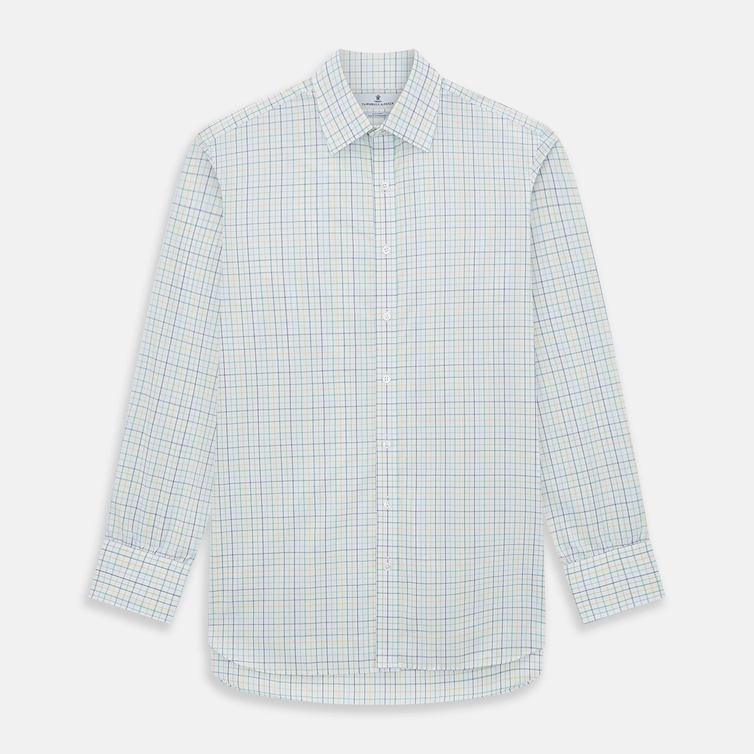 Image 1 of product The Turnbull & Asser Multi Tone Double Grid Check Mayfair Shirt is a long-sleeve, button-up with a classic collar, showcasing pure cotton light blue, green, and yellow grid checks on white, neatly displayed flat against a white surface.