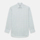 The Turnbull & Asser Multi Tone Double Grid Check Mayfair Shirt is a long-sleeve, button-up with a classic collar, showcasing pure cotton light blue, green, and yellow grid checks on white, neatly displayed flat against a white surface.