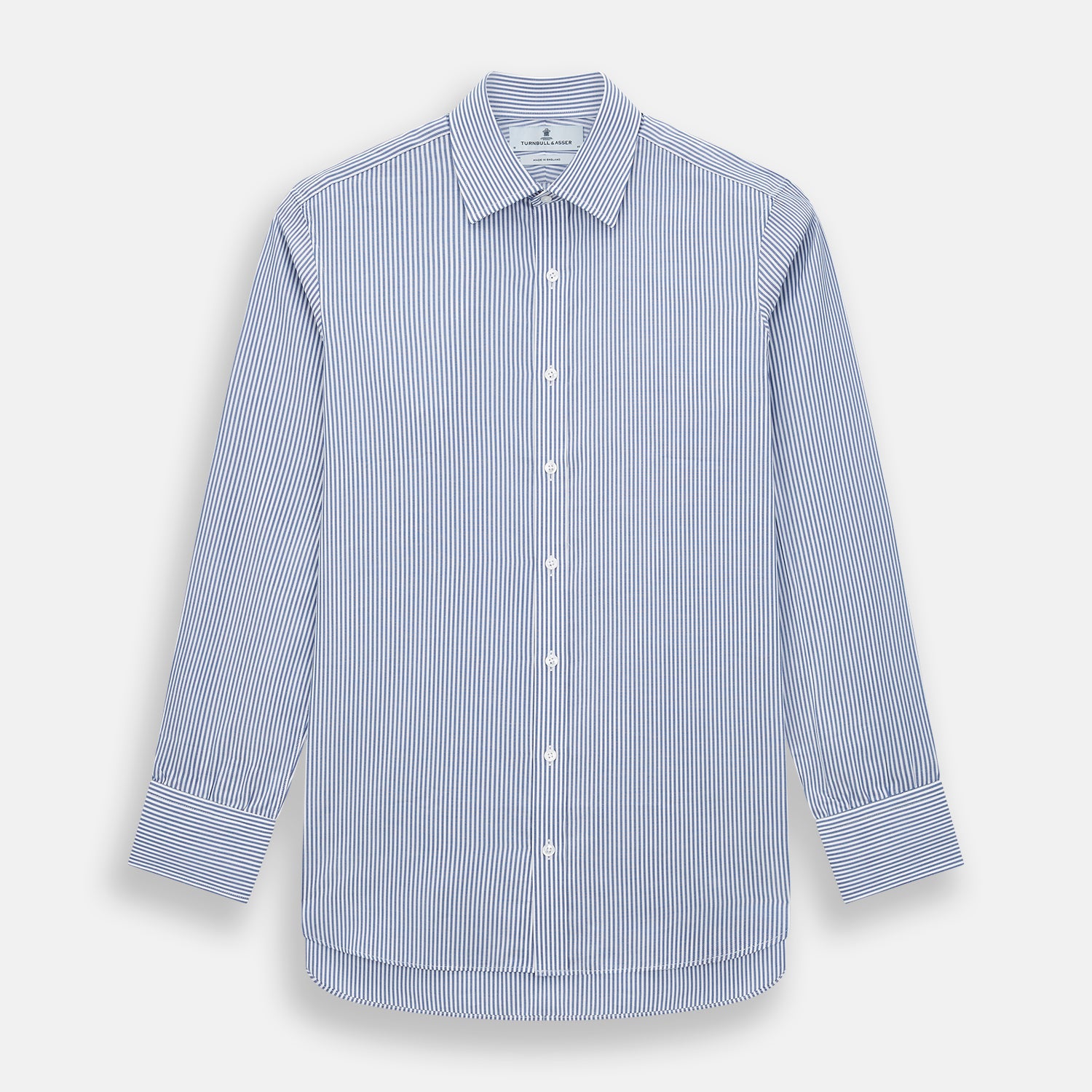 Image 1 of product The Turnbull & Asser Navy Bengal Stripe Mayfair Shirt is a long-sleeved, collared formal shirt with blue and white stripes, white buttons, and buttoned cuffs—ideal for classic style enthusiasts. Displayed on a plain white background.
