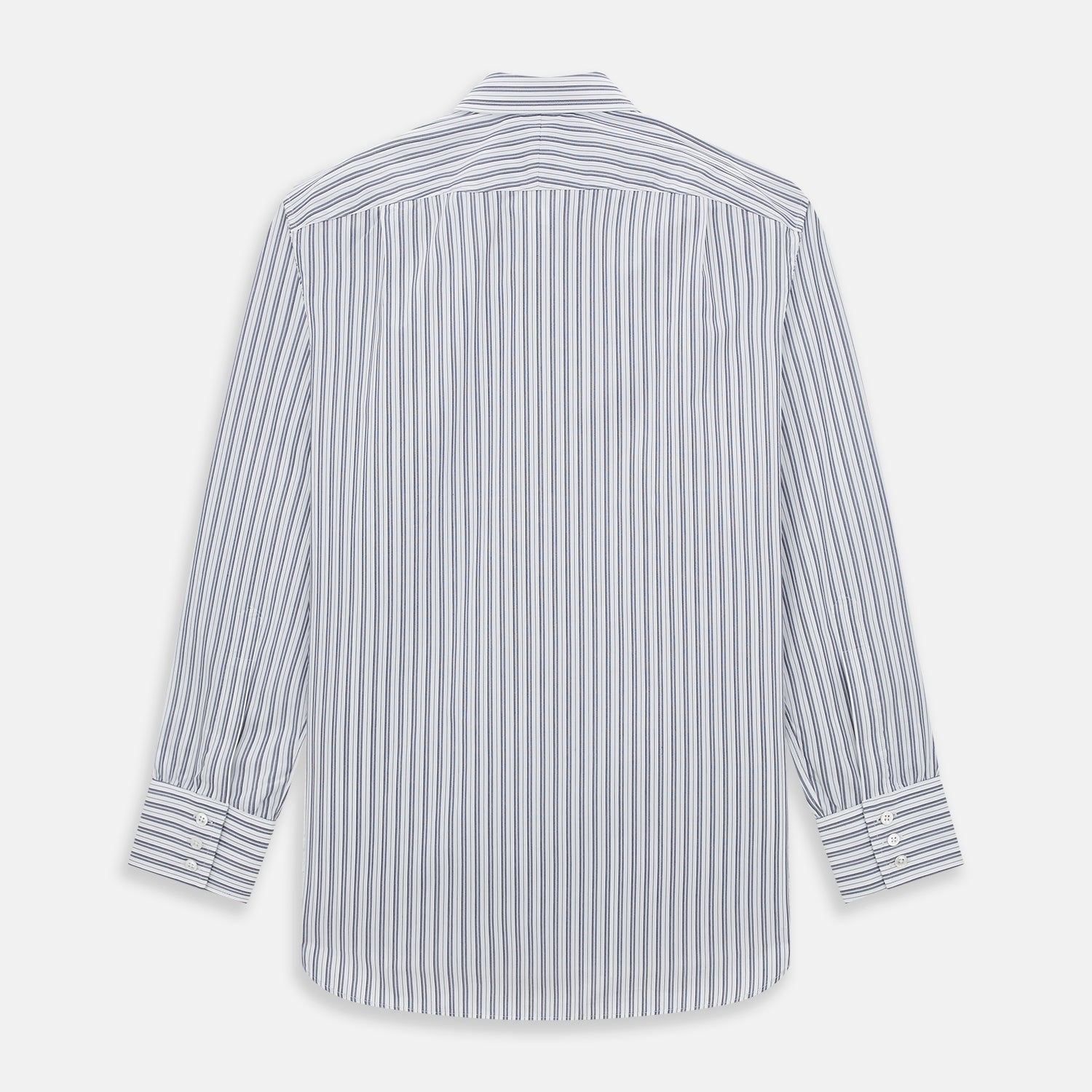 Image 3 of product The Turnbull & Asser Navy Multi Stripe Mayfair Shirt, a pure cotton button-up with long sleeves and a collar, features thin vertical blue and white stripes and is displayed flat on a white background.