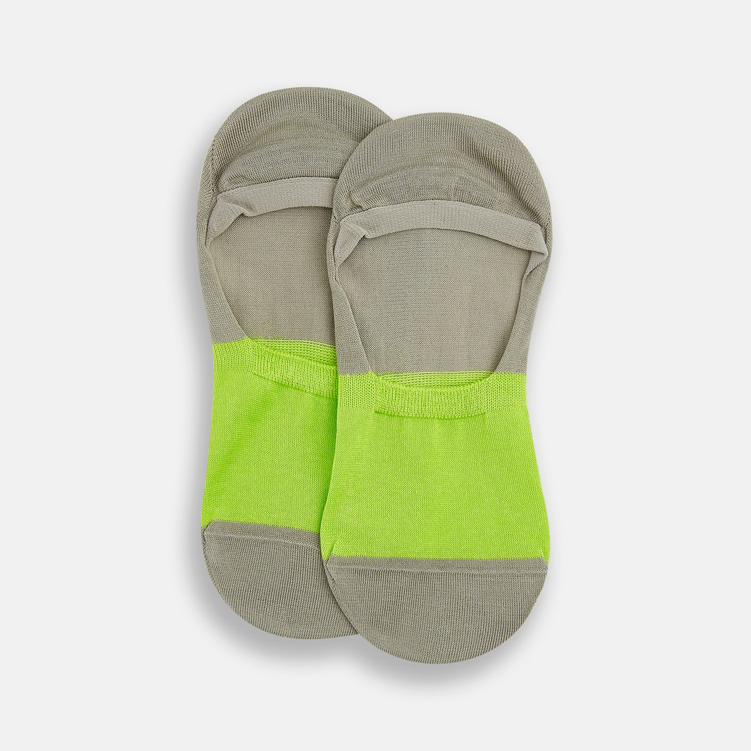 Image 2 of product The Turnbull & Asser Vanilla No-Show Socks are shown on a white background, featuring a bright green toe and front, with the rest of the cotton sock in light grayish-brown.