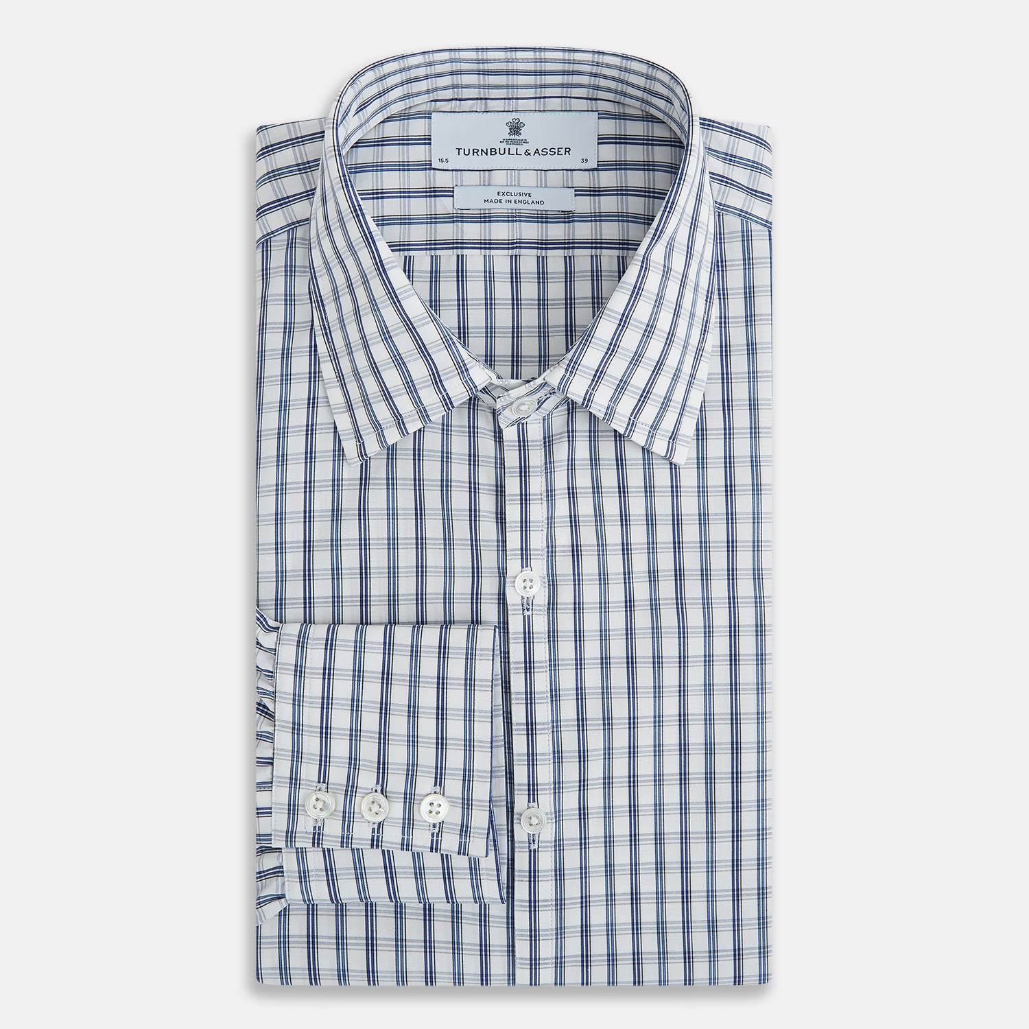 Image 5 of product The Azzurro Multi Check Westminster Shirt by Turnbull & Asser is a long-sleeve, button-up with a white base and blue and gray checks, displayed flat against a white background.