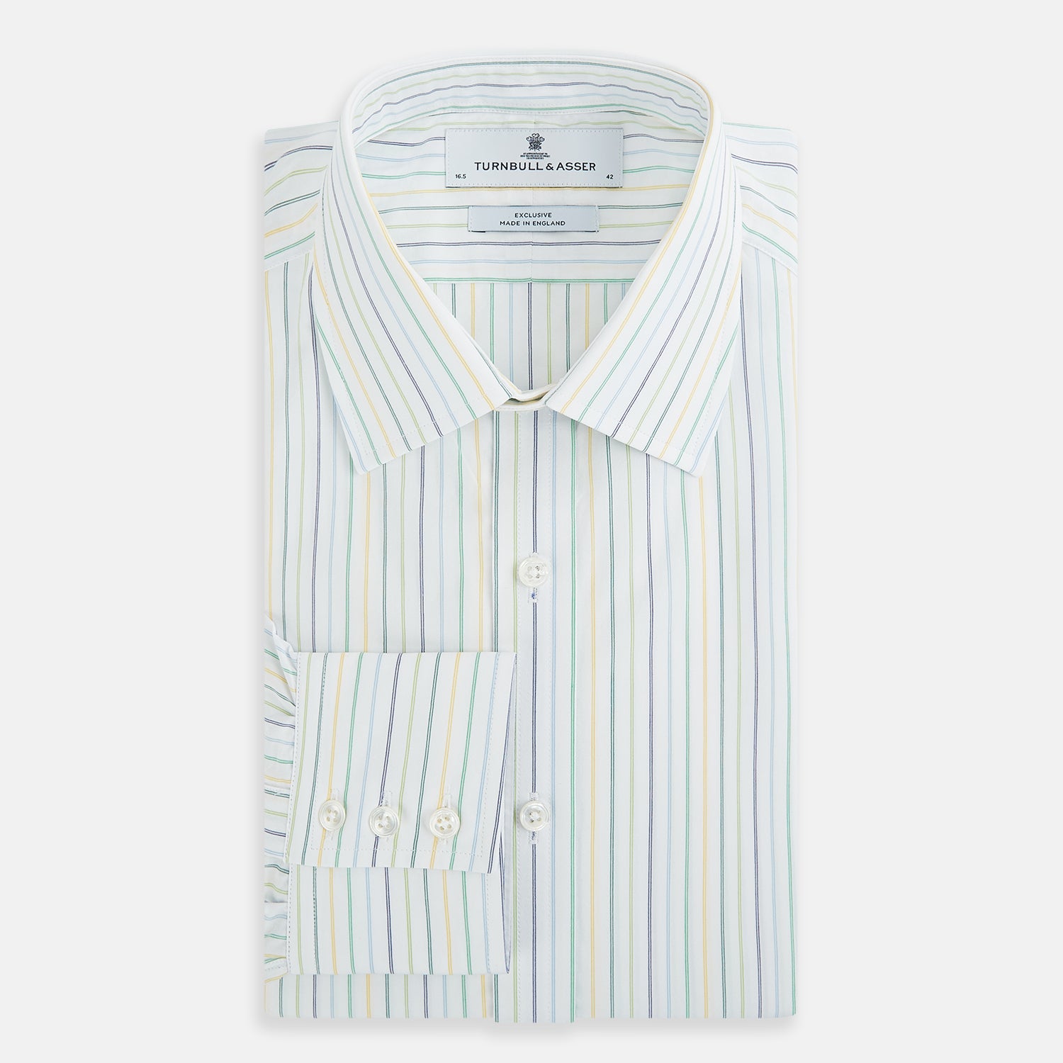 Image 5 of product The Turnbull & Asser Multi Tone Double Pinstripe Mayfair Shirt is a long-sleeve pure cotton shirt with a collar and thin blue, green, and yellow double pinstripes on a white background.