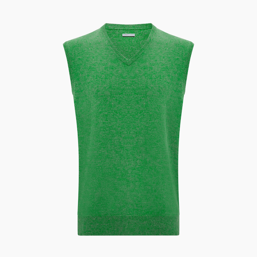 Image 4 of product The Turnbull & Asser Fern Green V-neck Sleeveless Vest features a ribbed hem and is perfect for elegant ensembles, presented against a plain white background.