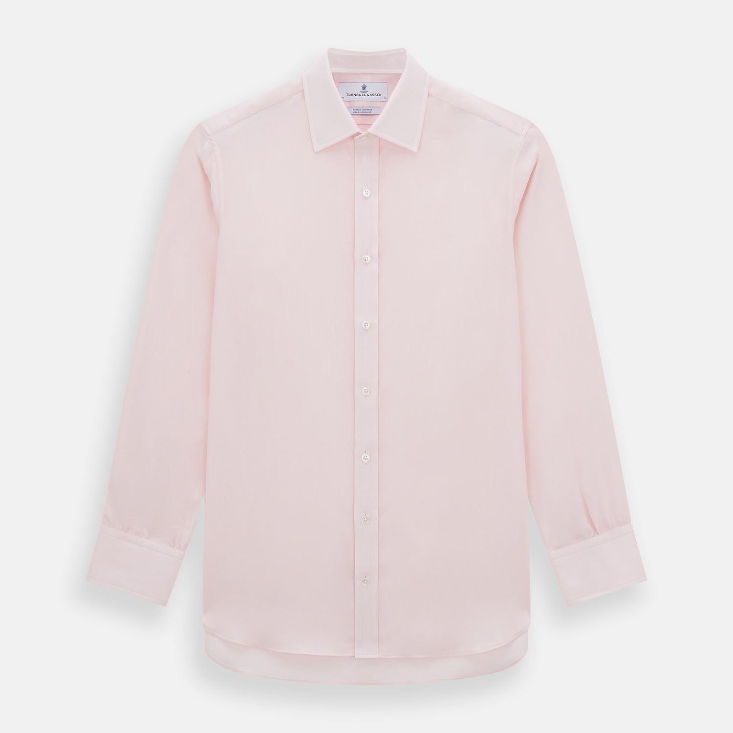 Image 1 of product The Pale Pink Cotton Cashmere Mayfair Shirt by Turnbull & Asser features a classic collar, button-down front, and buttoned cuffs, crafted from a luxurious cotton-cashmere blend and displayed flat on a white background.