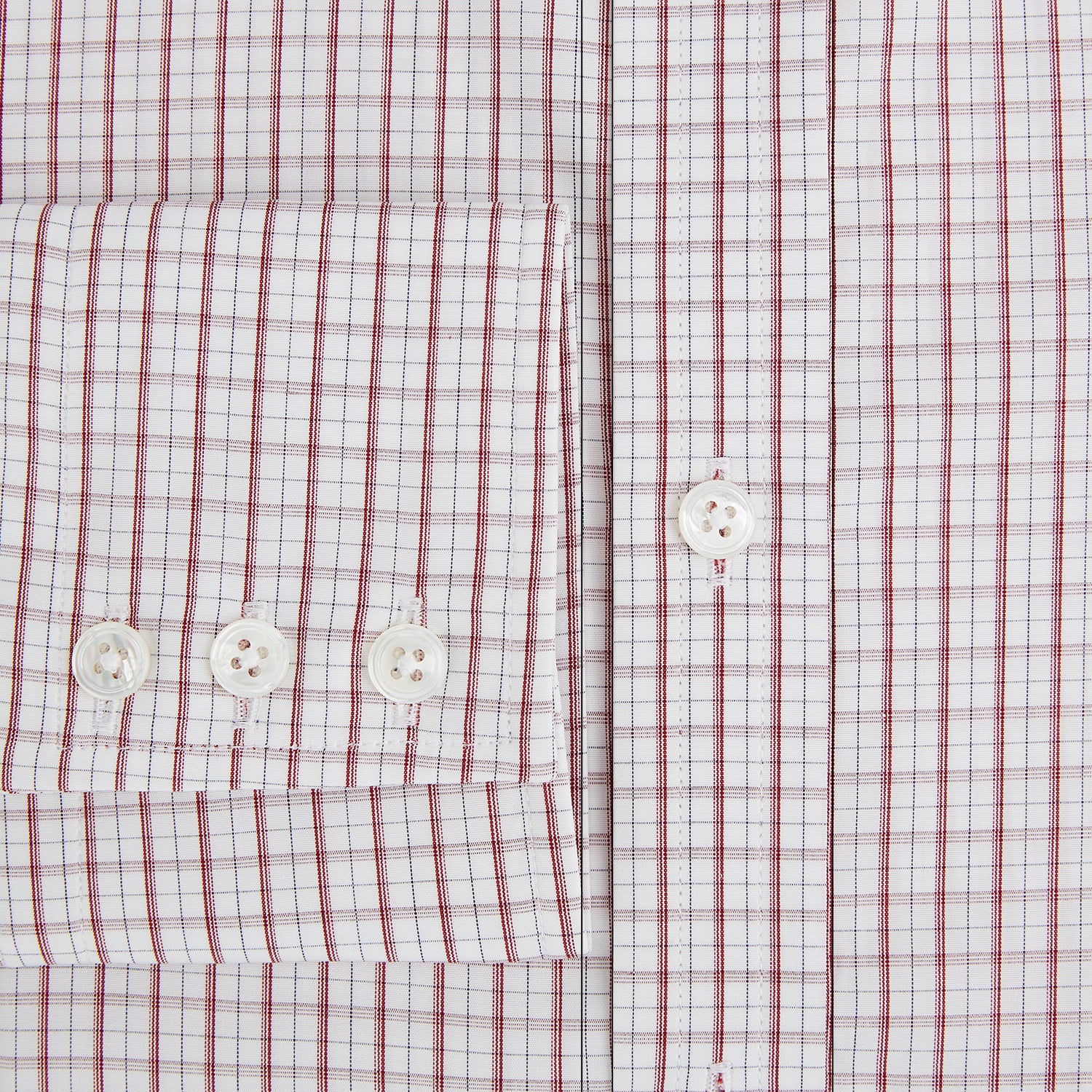 Image 4 of product The Turnbull & Asser Red Tattersall Check Mayfair Shirt features long sleeves, a collar, and Italian cotton with a red tattersall check on white, shown flat against a white background.