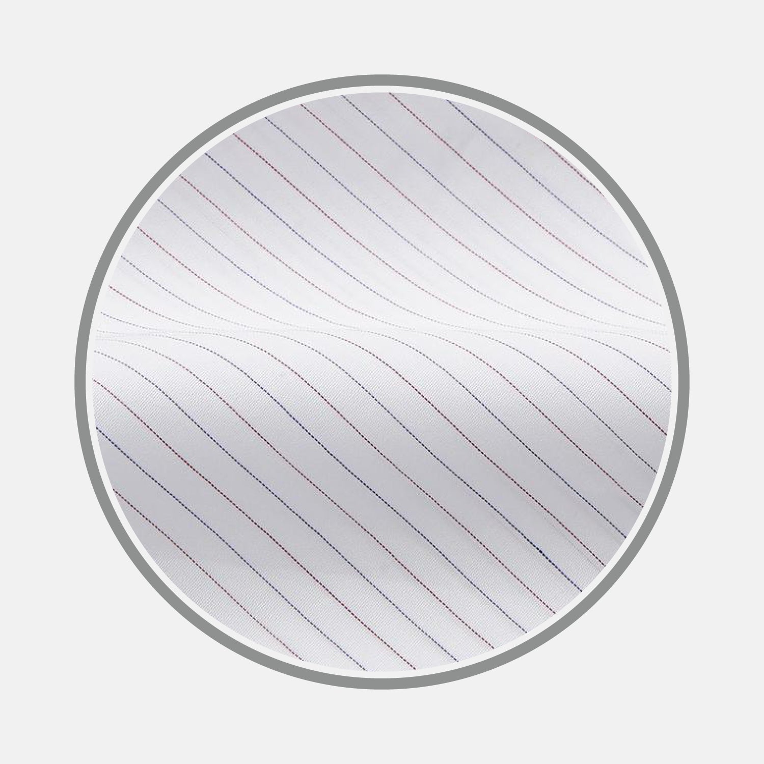 Image 1 of product A circular gray border frames a close-up of Turnbull & Asser's Red & White Stripe Sea Island Quality Fabric, featuring fine white material with thin, evenly spaced diagonal red pinstripes.