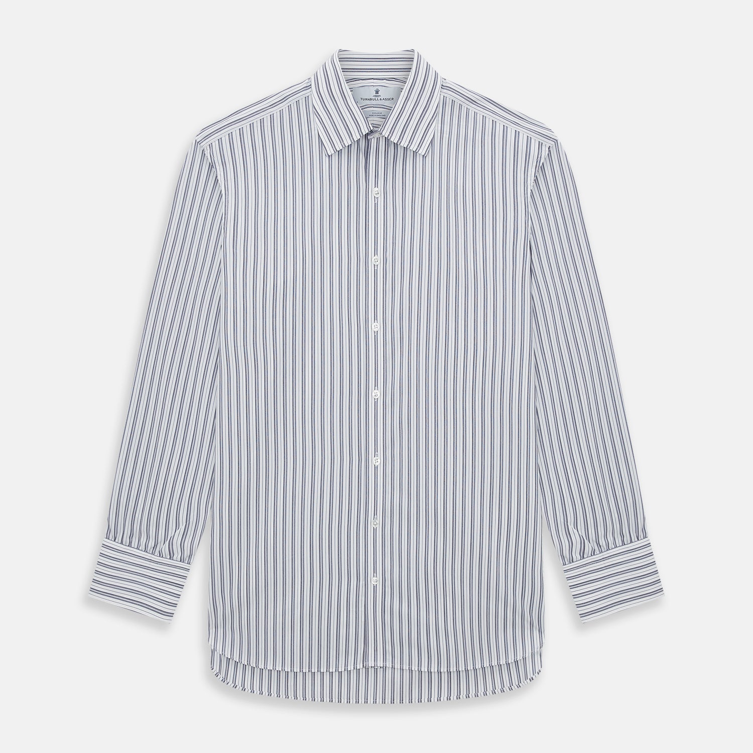 Image 1 of product The Turnbull & Asser Navy Multi Stripe Mayfair Shirt, a pure cotton button-up with long sleeves and a collar, features thin vertical blue and white stripes and is displayed flat on a white background.