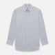 The Turnbull & Asser Navy Multi Stripe Mayfair Shirt, a pure cotton button-up with long sleeves and a collar, features thin vertical blue and white stripes and is displayed flat on a white background.