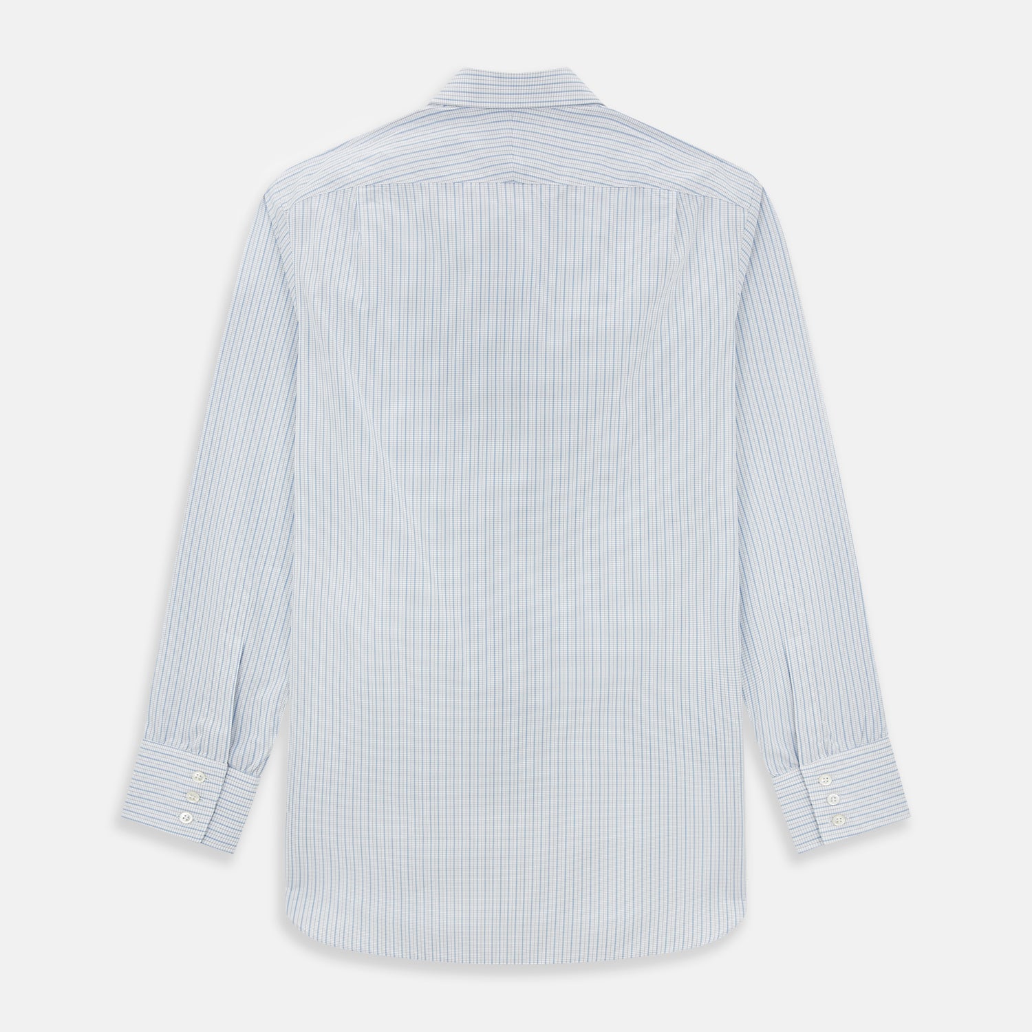 Image 3 of product The Turnbull & Asser Blue Graph Check Mayfair Shirt features a classic T&A collar, Mayfair fit, buttoned cuffs, and long sleeves with light blue graph checks on a white background.