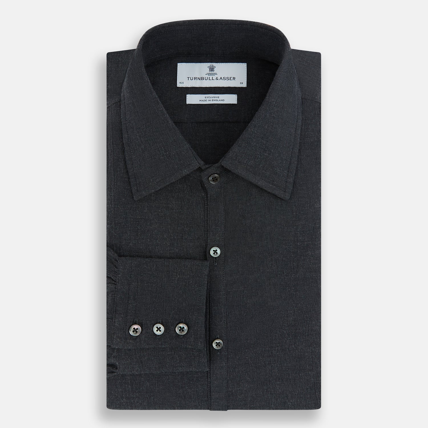 Image 5 of product The Turnbull & Asser Midnight Blue Westminster Shirt features long sleeves, a button-up front, classic collar, and buttoned cuffs in a plain design—showcasing British craftsmanship—laid flat on a white background.