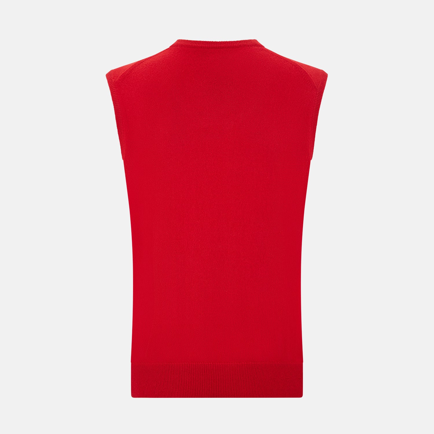 Image 3 of product The Turnbull & Asser Red Cashmere V-Neck Vest features a sleeveless knit design and classic collar, shown against a white background—ideal for elevating any refined look.