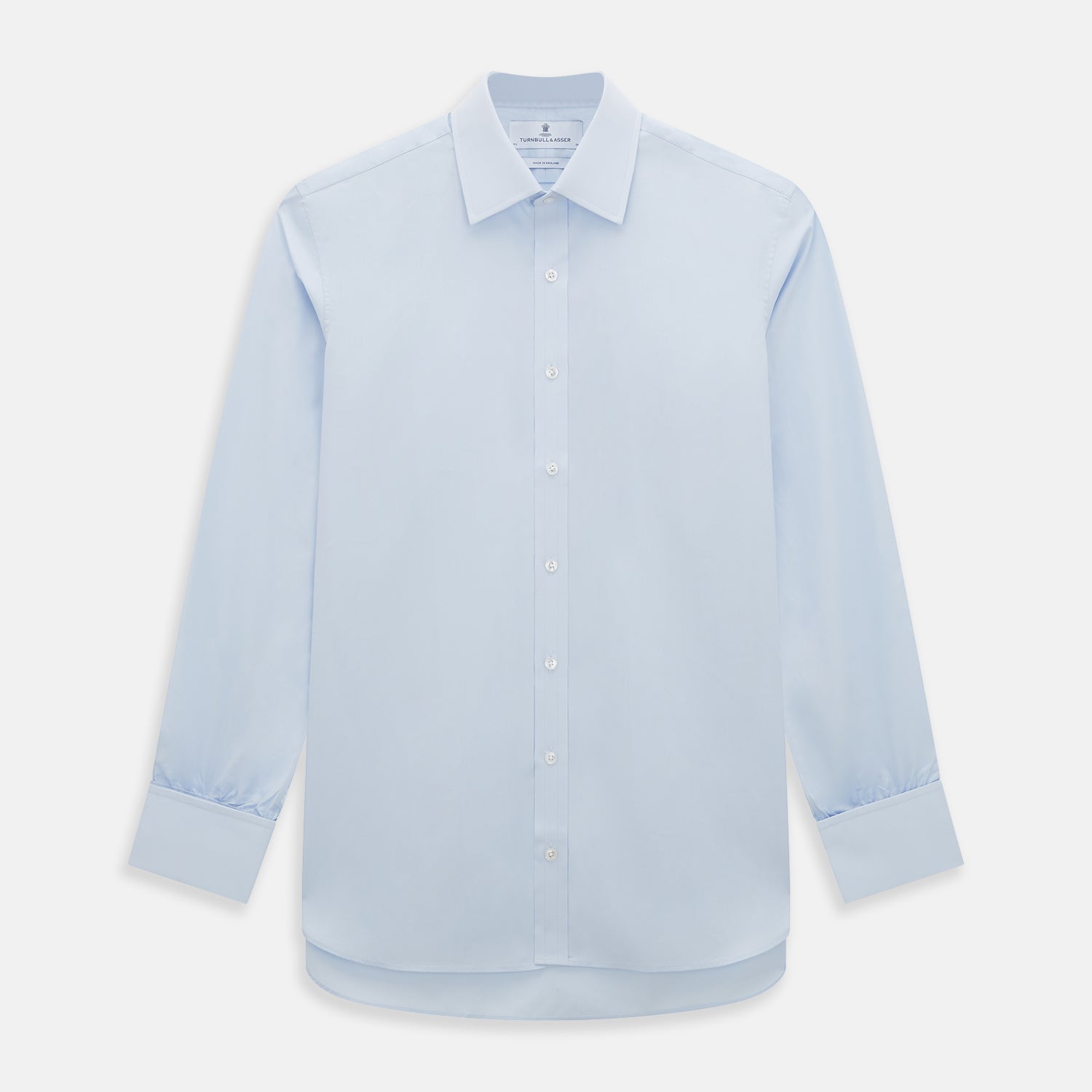 Image 1 of product The Turnbull & Asser Light Blue Mayfair Shirt features white buttons, a classic collar, and buttoned cuffs—styled flat on a white background, it’s ideal for minimalist outfits or pairing with bold ties.
