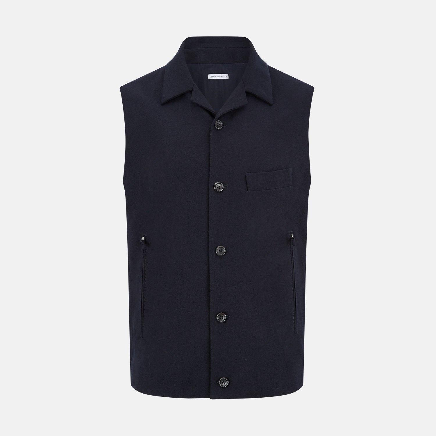 Image 1 of product The Turnbull & Asser Navy Collared Single-breasted Waistcoat features a sleeveless design, wool-cashmere blend, two zippered side pockets, and a chest pocket—ideal for upgrading your winter look—shown on a white background.