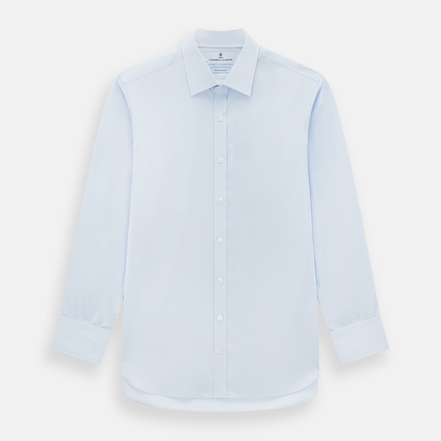 Image 1 of product The Turnbull & Asser Pale Blue Cotton Regular Fit Mayfair Shirt features a classic collar, white buttons, and buttoned cuffs. This long-sleeve dress shirt displays the timeless Mayfair silhouette for a refined look.