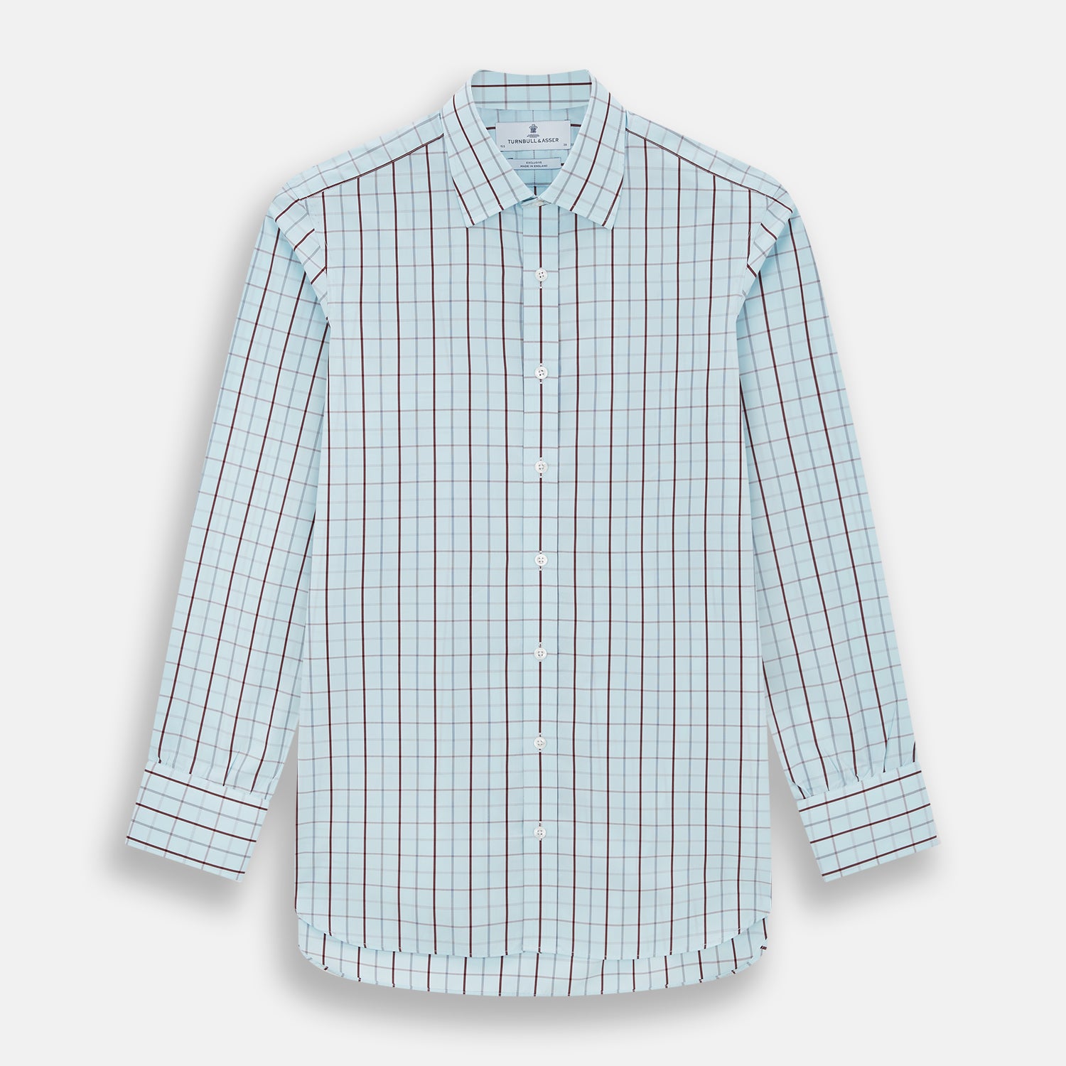 Image 1 of product The Turnbull & Asser Burgundy Combination Check Mayfair Shirt is a long-sleeve button-up dress shirt with a check pattern, ideal for formal wear and shown on a plain white background.