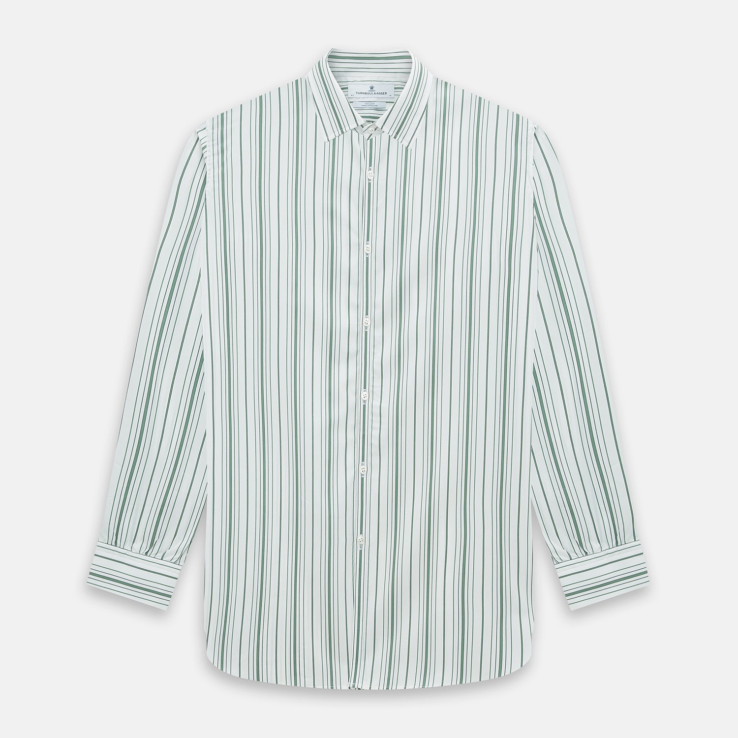 Image 1 of product The SAGE GREEN MULTI STRIPE WESTMINSTER SHIRT by Turnbull & Asser features a classic collar, long sleeves, buttoned cuffs, relaxed fit, and vertical green and white stripes—embodying timeless British craftsmanship.