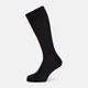 A single Midnight Mid-length Sock by Turnbull & Asser, made from mercerised Egyptian cotton, stands upright on a white background. This luxury black sock features a ribbed texture with smooth toe and heel areas.
