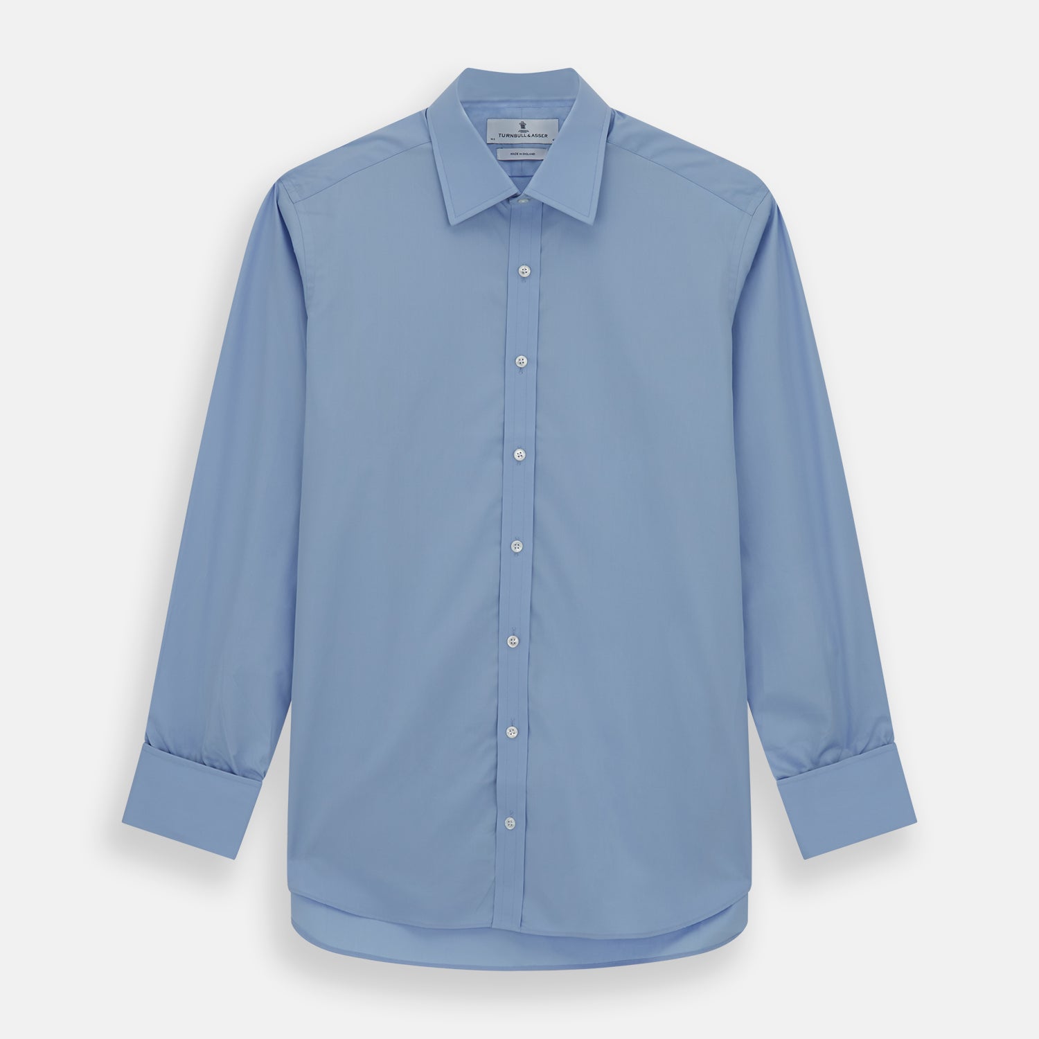Image 1 of product The Turnbull & Asser Blue Cotton Shirt features a T&A collar, double cuffs, and white buttons—ideal for smart styling with a navy suit. Displayed on a white background.