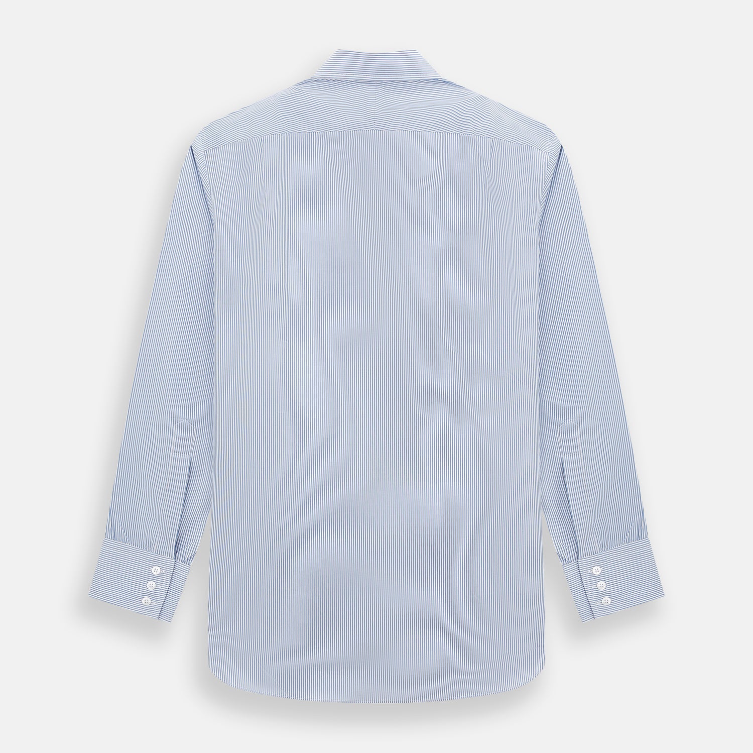 Image 3 of product The Turnbull & Asser Pale Blue Pinstripe Mayfair Shirt features pale blue pinstripes, a classic T&A collar, white buttons, and cuffed sleeves, shown against a plain white background.