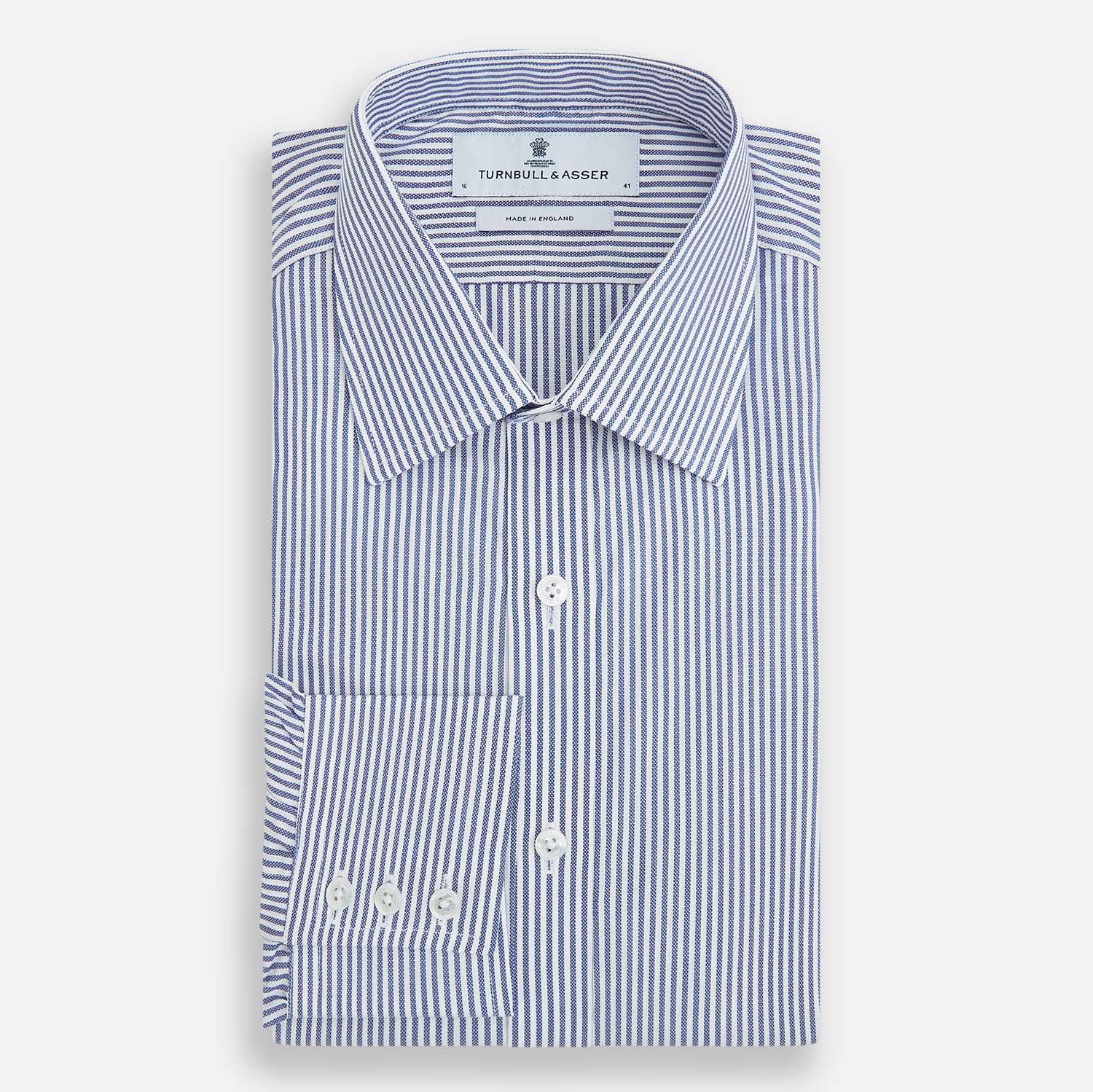 Image 5 of product The Turnbull & Asser Navy Bengal Stripe Mayfair Shirt is a long-sleeved, collared formal shirt with blue and white stripes, white buttons, and buttoned cuffs—ideal for classic style enthusiasts. Displayed on a plain white background.