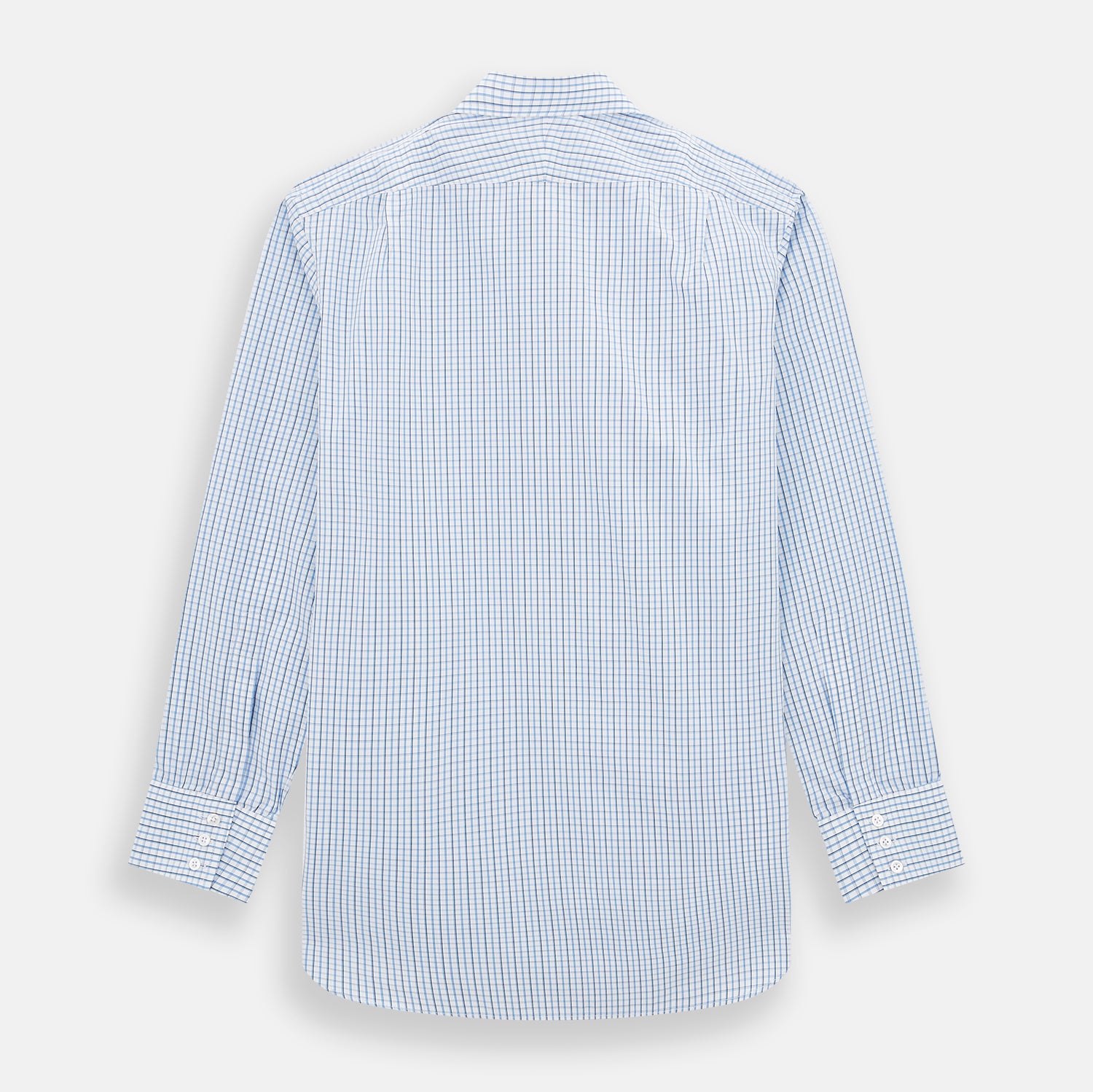 Image 3 of product The Turnbull & Asser Blue and Navy Tattersall Check Mayfair Shirt features long sleeves, a button-up front, and a T&A collar in the classic Mayfair fit, shown flat against a white background.