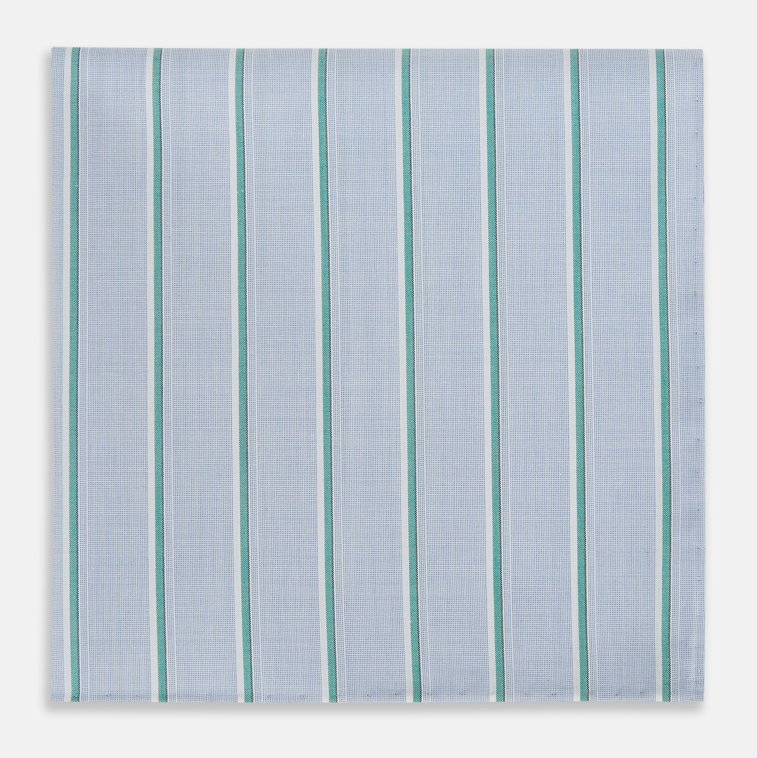 Image 1 of product The Turnbull & Asser Blue and Green Multi Stripe Hand-Rolled Handkerchief features evenly spaced vertical stripes and hand-rolled edges, displayed neatly folded on a white background.