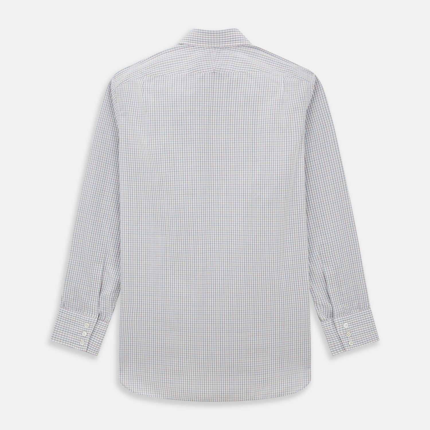 Image 3 of product The Turnbull & Asser Sky Blue Multi Graph Check Shirt features long sleeves, a button-up front, pointed T&A collar, buttoned cuffs, and a small blue-and-white check pattern, shown on a white background.