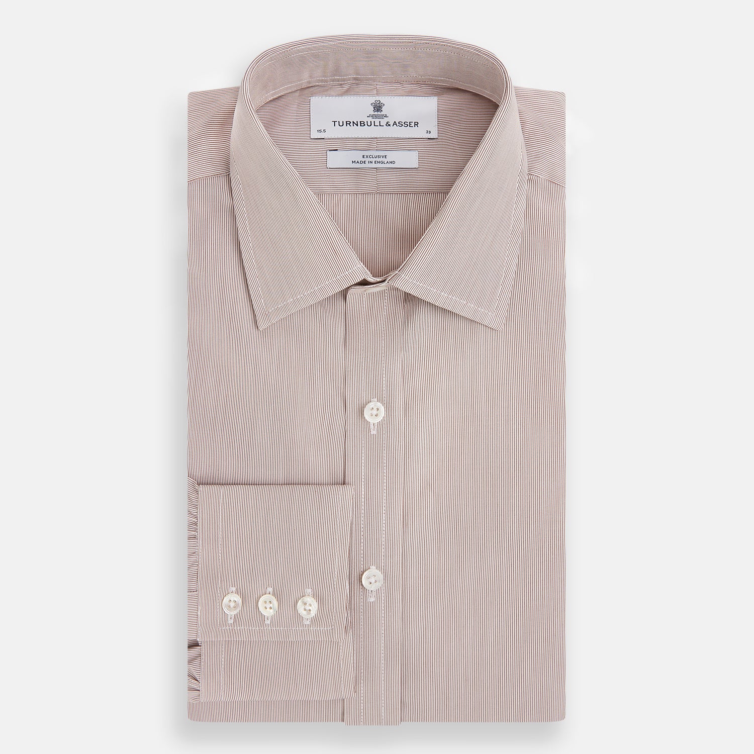 Image 5 of product The Turnbull & Asser Burgundy Hairline Stripe Mayfair Shirt features long sleeves, a pointed collar, white buttons, and a classic Mayfair fit—perfect for formal occasions—presented against a plain white background.