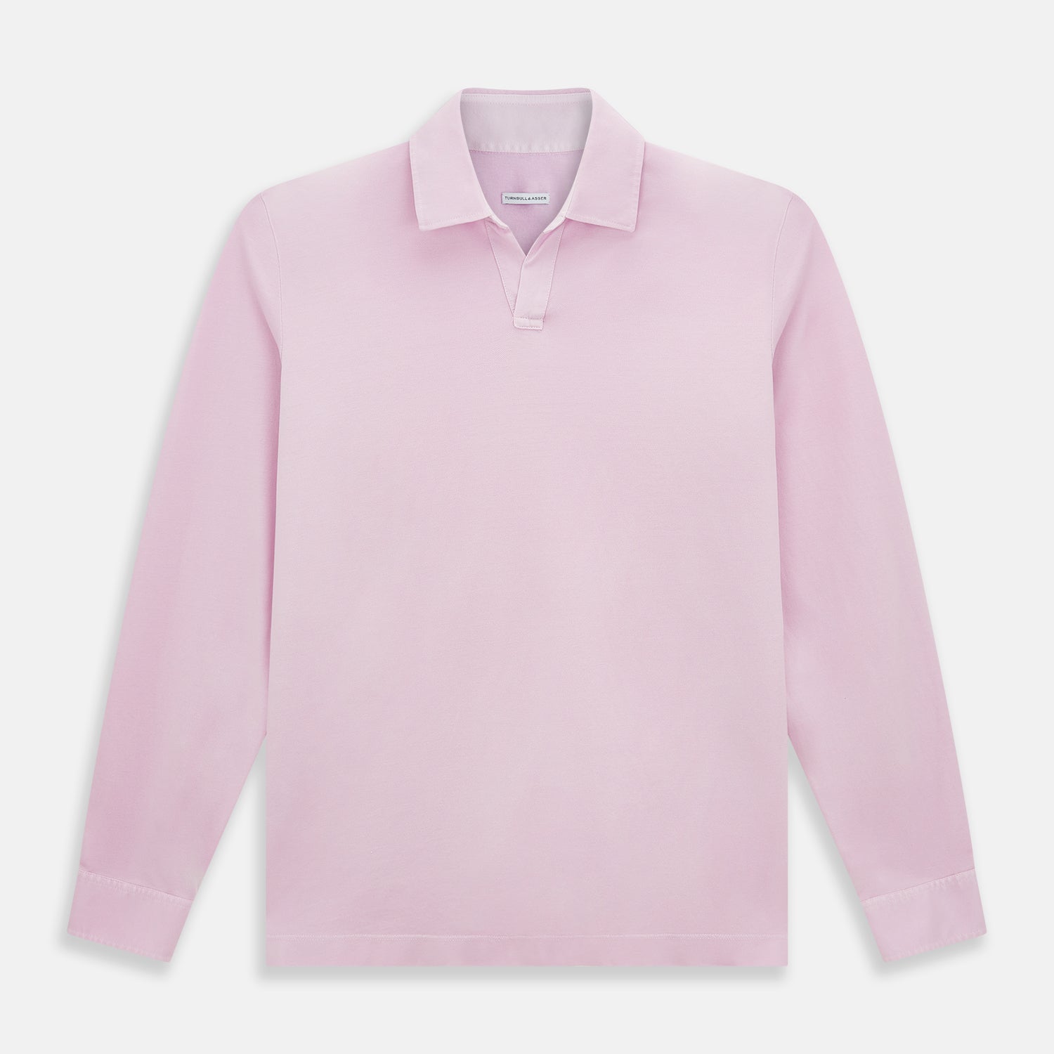 Image 1 of product The Pink Rugby Polo Shirt by Turnbull & Asser features long sleeves, a collar, and V-neck opening in luxury cotton, shown flat on a white background.