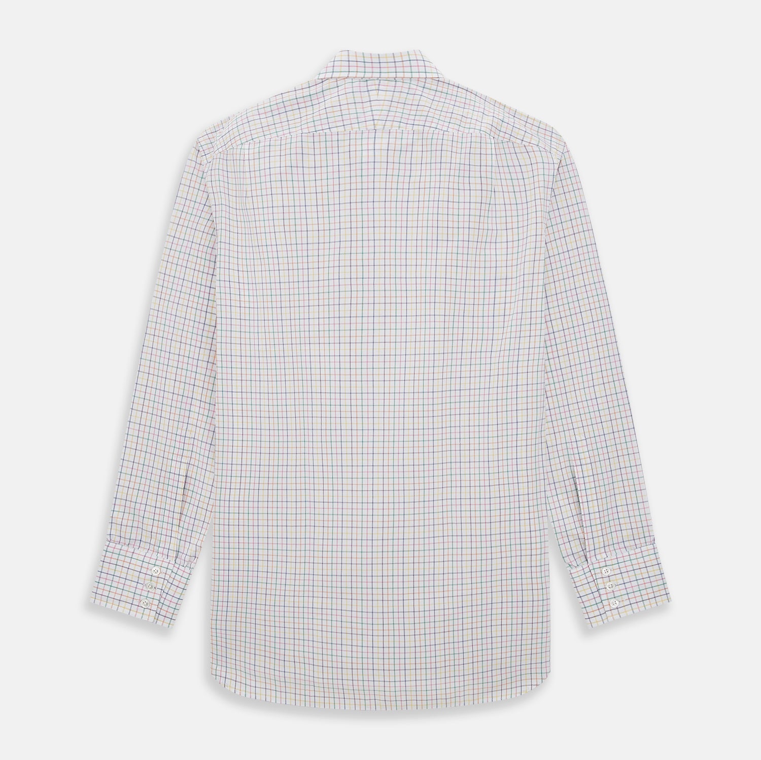 Image 3 of product The Rainbow Double Grid Check Mayfair Shirt by Turnbull & Asser features a white base with thin blue, red, and green checks and a T&A collar. It’s displayed neatly laid flat on a white background.