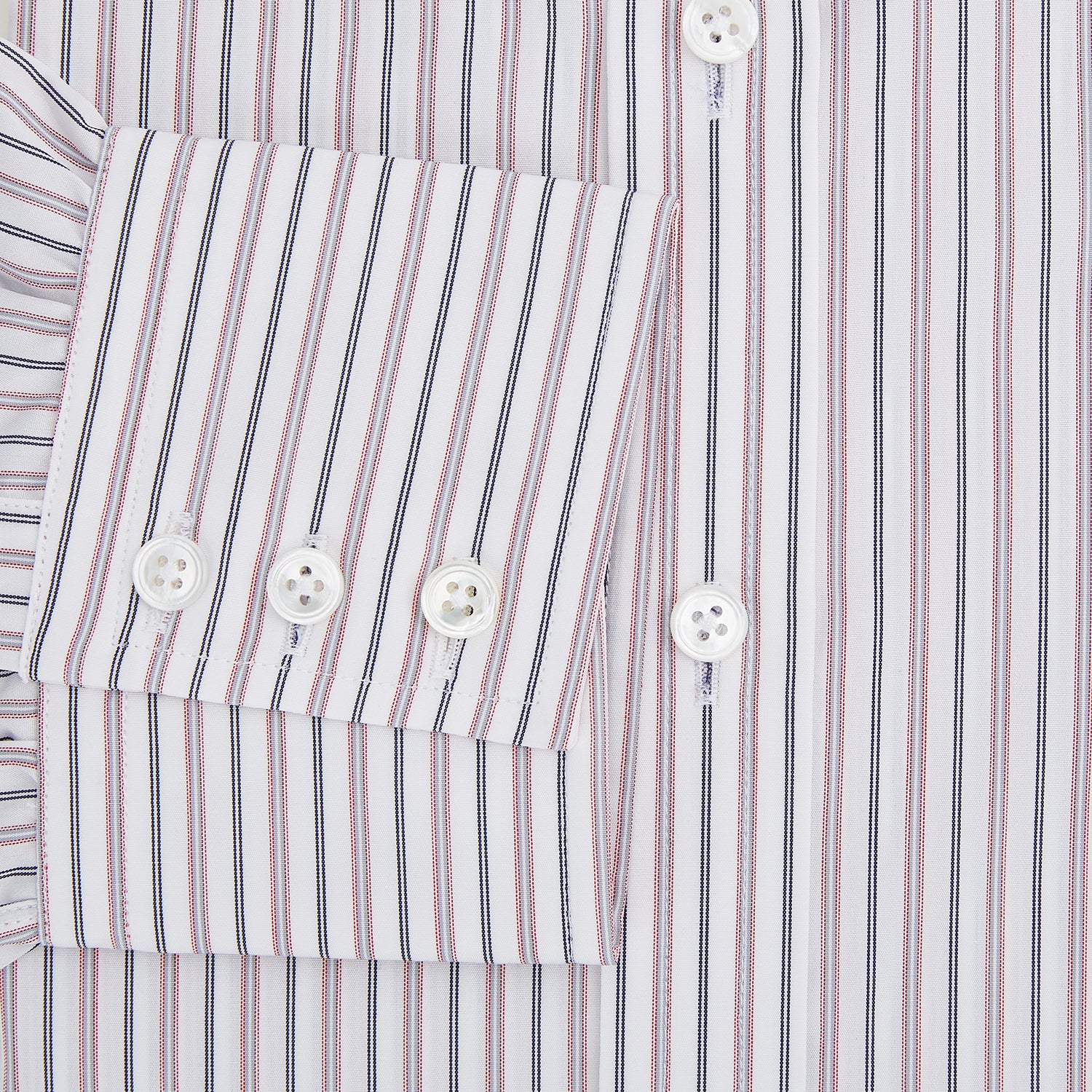 Image 4 of product The Turnbull & Asser Red Multi Stripe Mayfair Shirt is a long-sleeve, button-up classic with a sharp collar and vibrant red multi stripes—an essential men's piece shown against a white background.