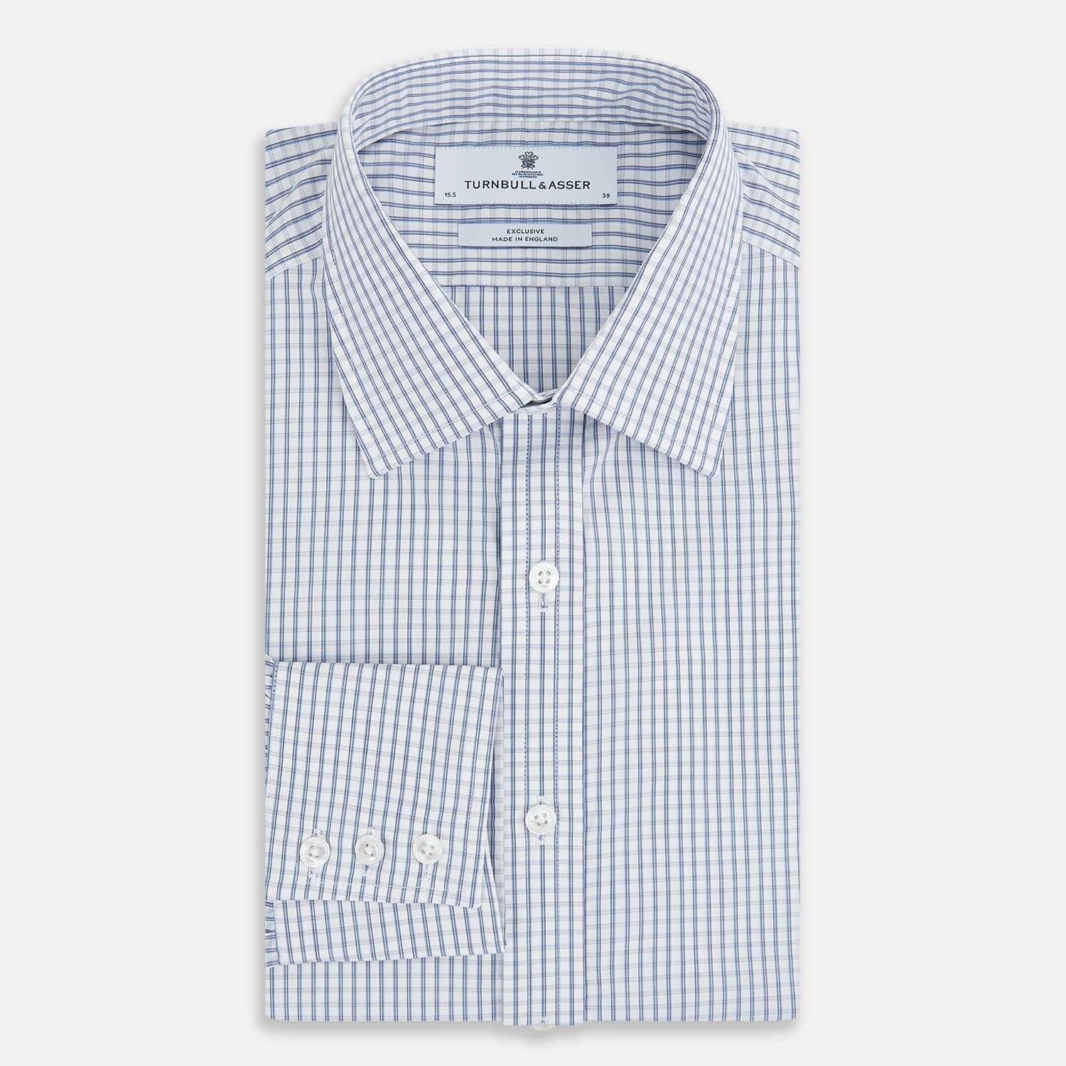 Image 5 of product The Turnbull & Asser Blue Multi Tattersall Check Mayfair Shirt is a long-sleeved, button-down shirt featuring a small blue and white check pattern, pointed collar, and cuffs, shown laid flat on a white background.