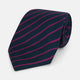 The Turnbull & Asser Navy and Purple Striped Blazer Silk Tie features British craftsmanship with diagonal magenta and purple stripes, displayed neatly rolled on a white background.