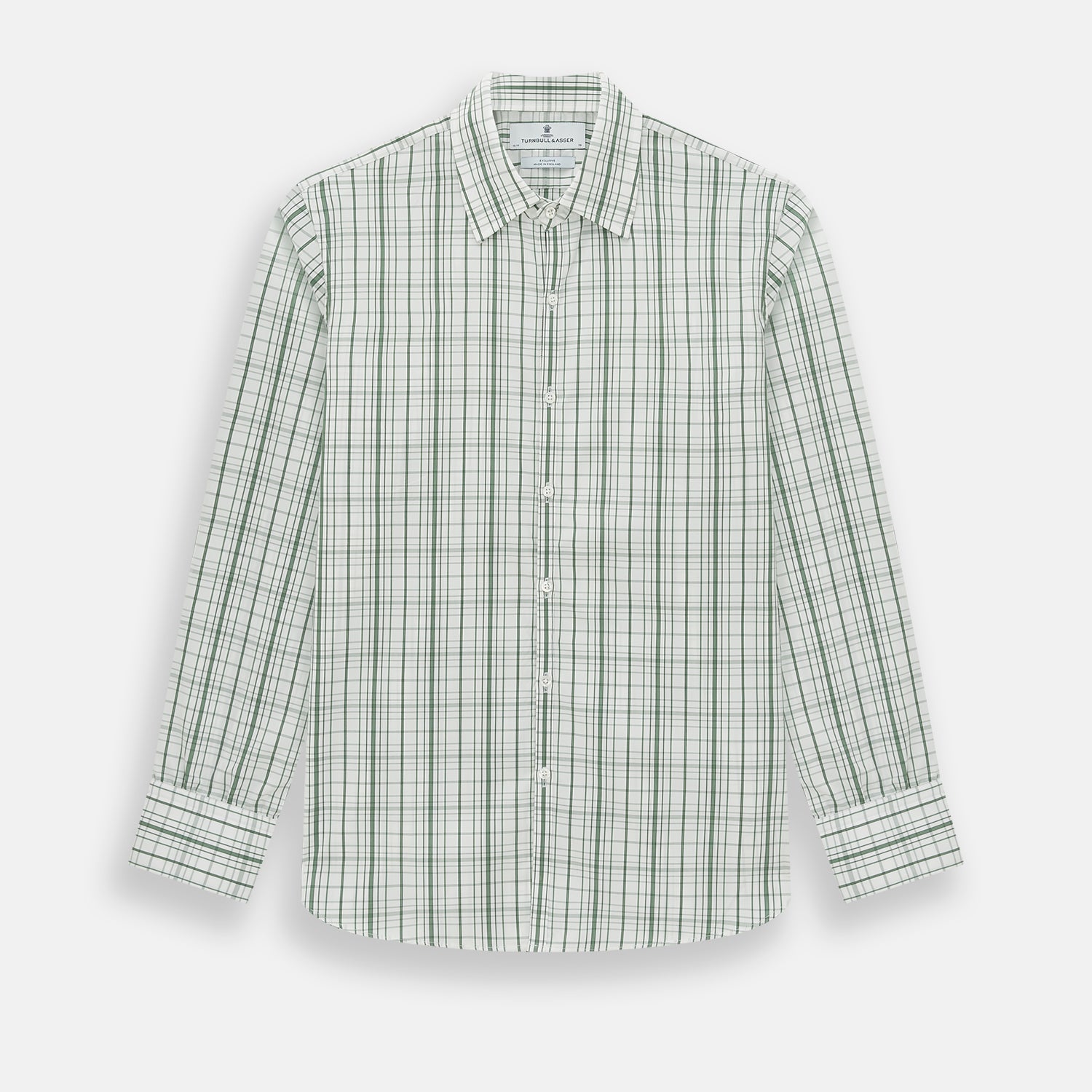 Image 1 of product The Turnbull & Asser Sage Green Plaid Check Westminster Shirt features a collared, long-sleeve button-up design with a white base and sage green plaid pattern, showcasing classic British craftsmanship against a clean white background.