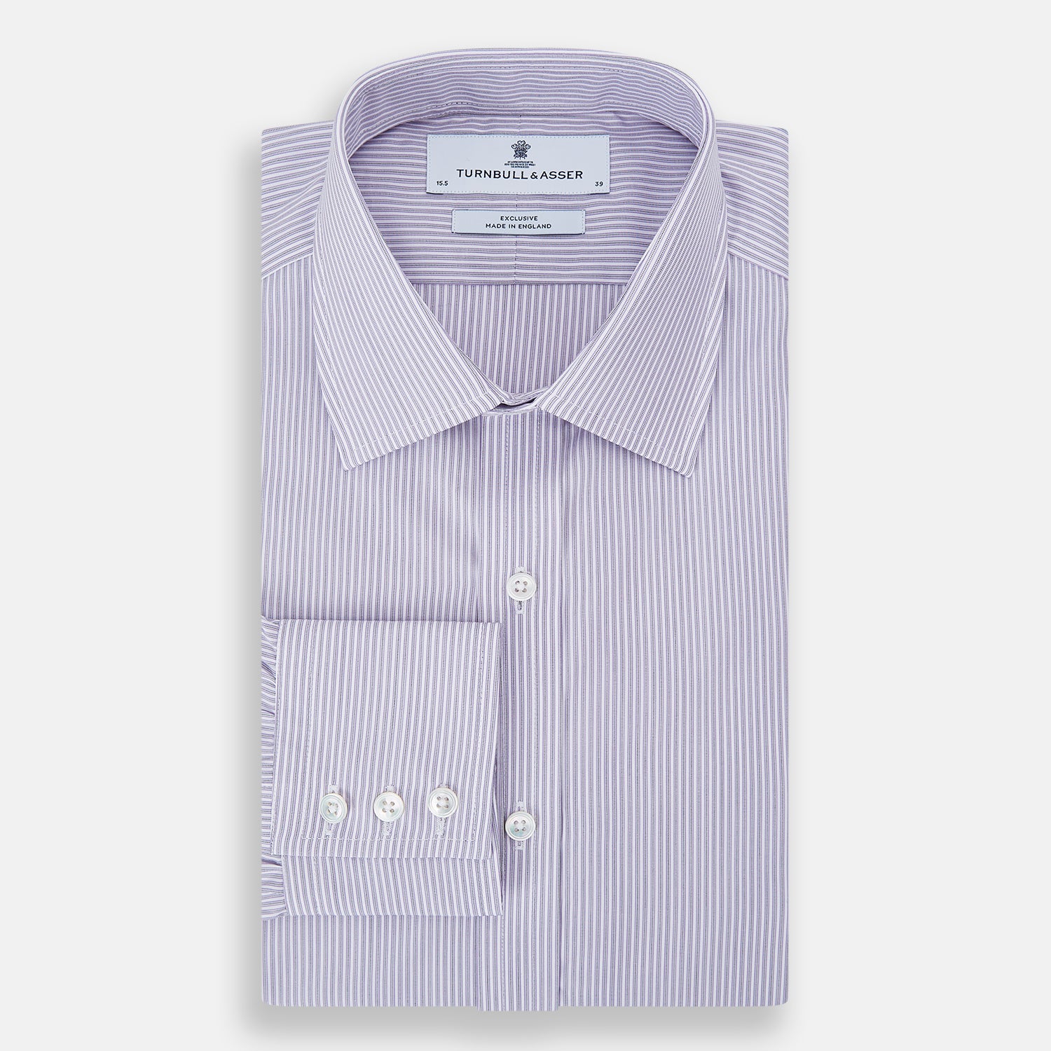 Image 5 of product The Lilac Halo Stripe Mayfair Shirt by Turnbull & Asser features a relaxed Mayfair fit, white buttons, a pointed collar, and a subtle lilac stripe pattern for timeless sophistication.
