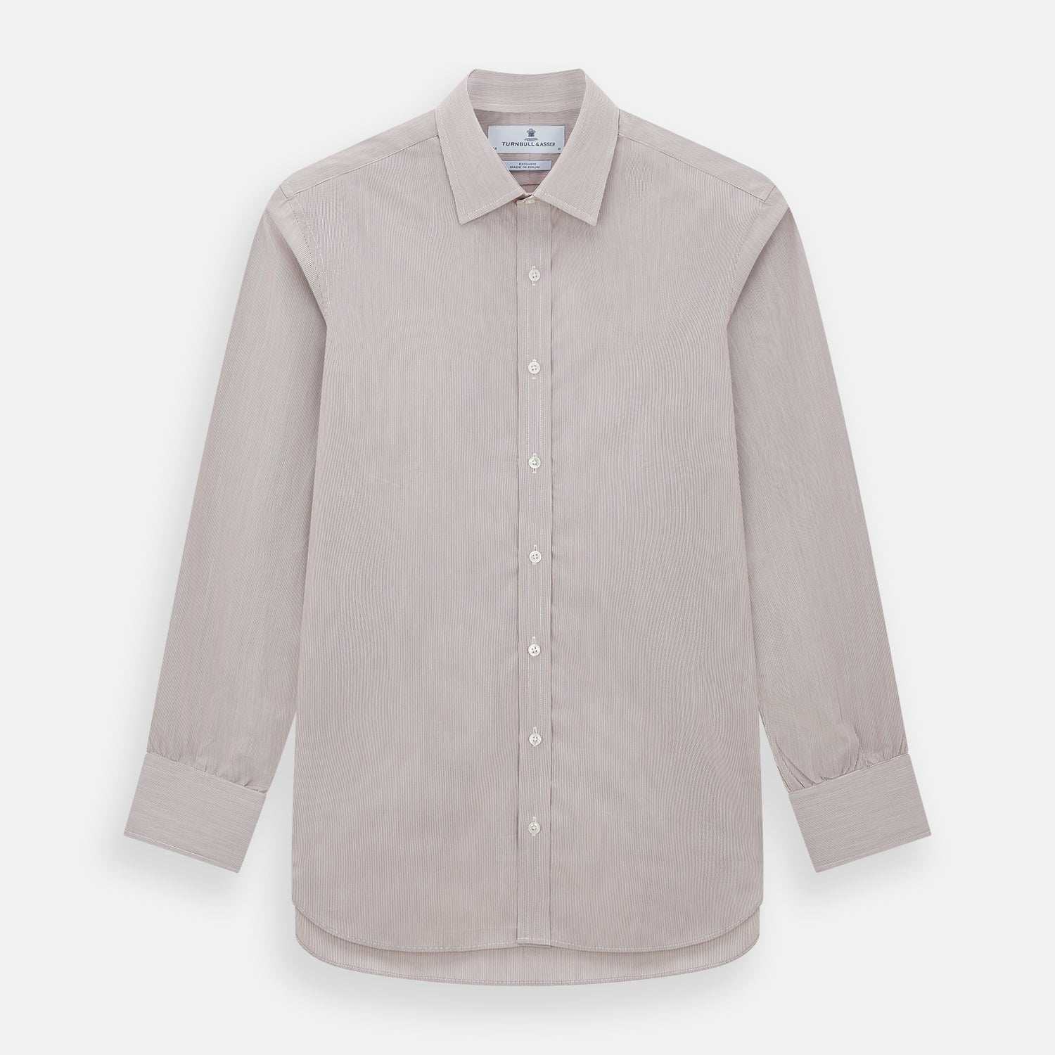 Image 1 of product The Turnbull & Asser Burgundy Hairline Stripe Mayfair Shirt features long sleeves, a pointed collar, white buttons, and a classic Mayfair fit—perfect for formal occasions—presented against a plain white background.
