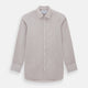 The Turnbull & Asser Burgundy Hairline Stripe Mayfair Shirt features long sleeves, a pointed collar, white buttons, and a classic Mayfair fit—perfect for formal occasions—presented against a plain white background.