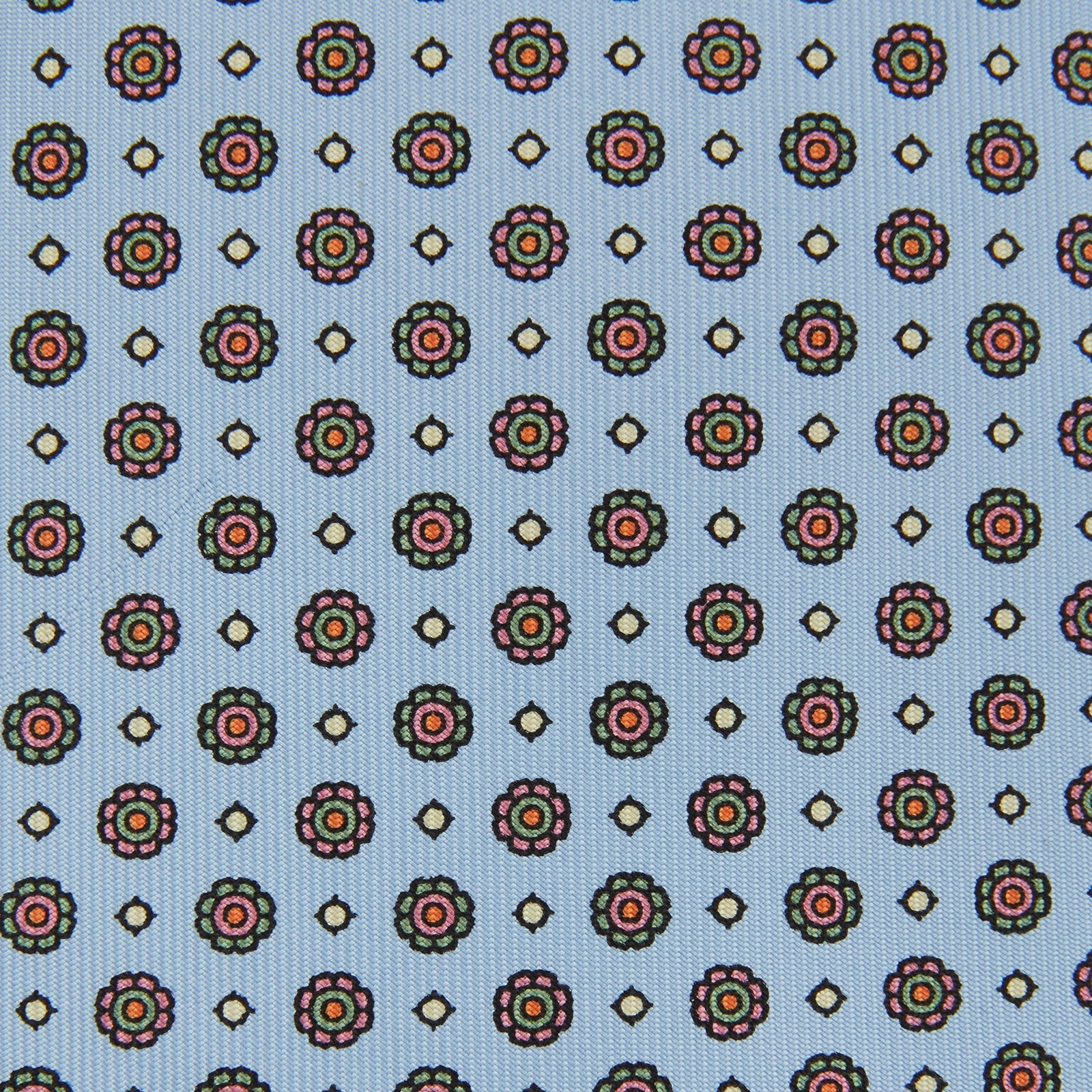 Image 3 of product The Great Gatsby Silk Tie by Turnbull & Asser, as seen on Jay Gatsby—a light blue silk tie with red, yellow, and navy geometric floral motifs, ideal for classic 1920s-inspired shirts.