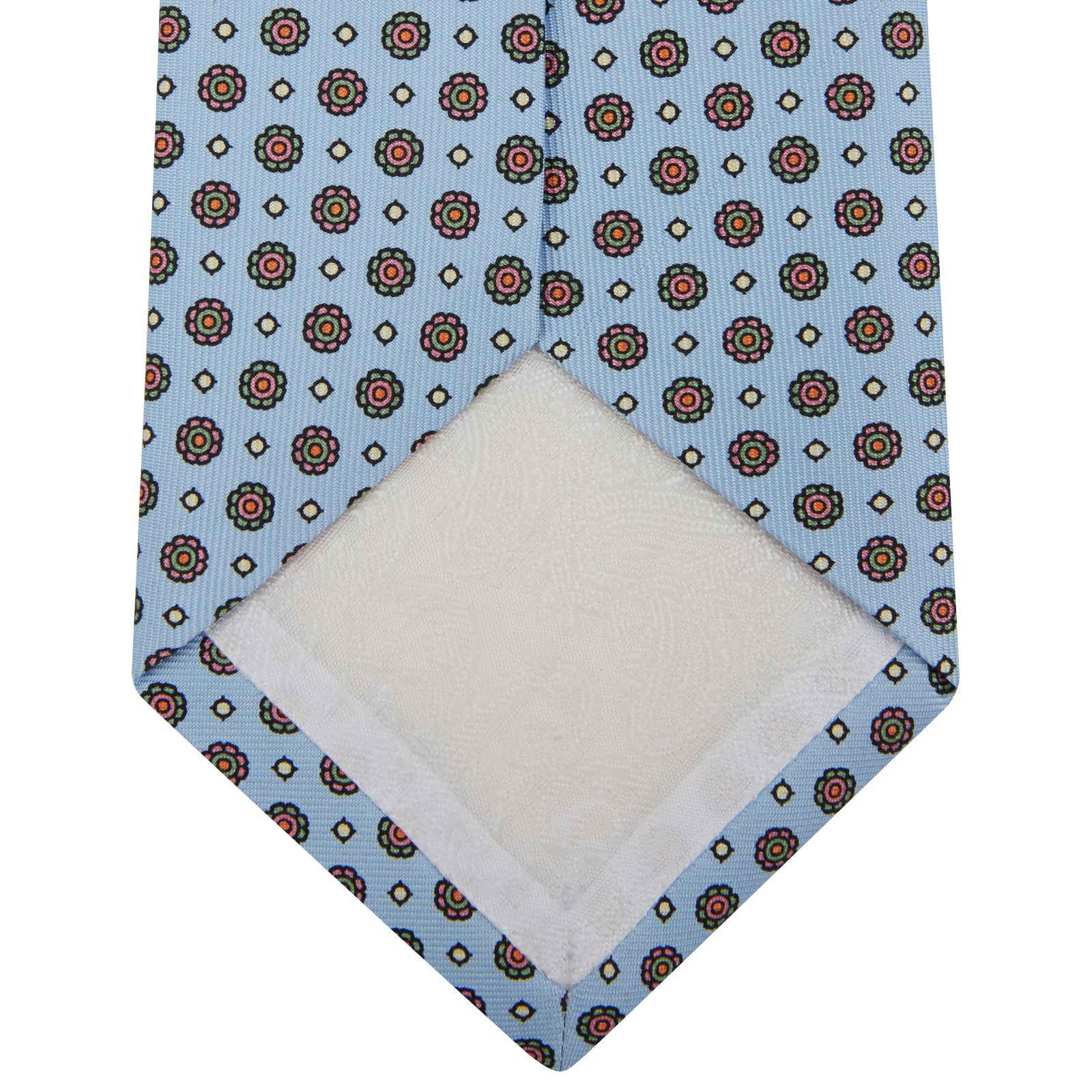 Image 4 of product The Great Gatsby Silk Tie by Turnbull & Asser, as seen on Jay Gatsby—a light blue silk tie with red, yellow, and navy geometric floral motifs, ideal for classic 1920s-inspired shirts.