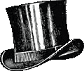 A black and white illustration of a classic top hat with a curved brim, shown at a slight angle.