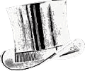 A black and white sketch of a tall, old-fashioned top hat with a wide brim and vertical stripes.