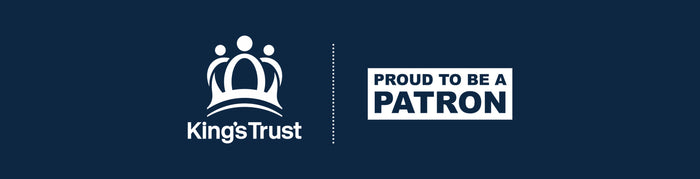 White logo of three abstract figures forming a crown shape above the words Kings Trust on a dark blue background; beside it, text reads Proud to be a Patron in a white box.